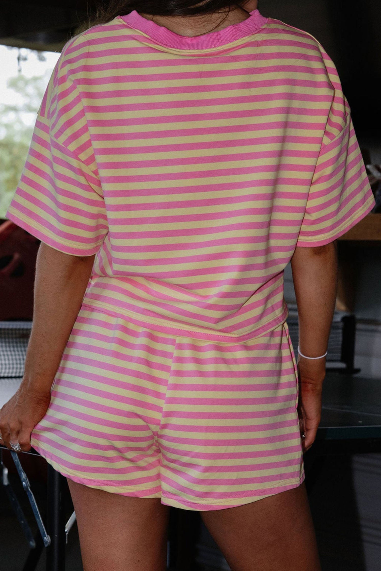 Rose Stripe Boxy Tee Drawstring Elastic Waist Short Set