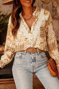 Floral Lace Trim Button Down Long Sleeve Shirt