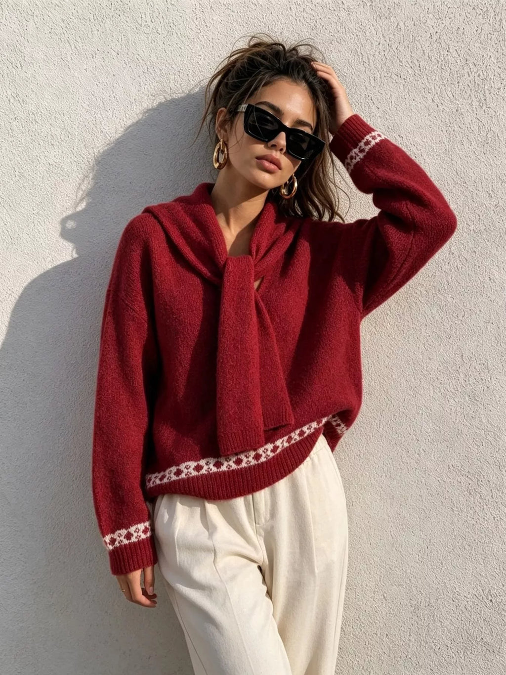 Scarf Detail Dropped Shoulder Sweater