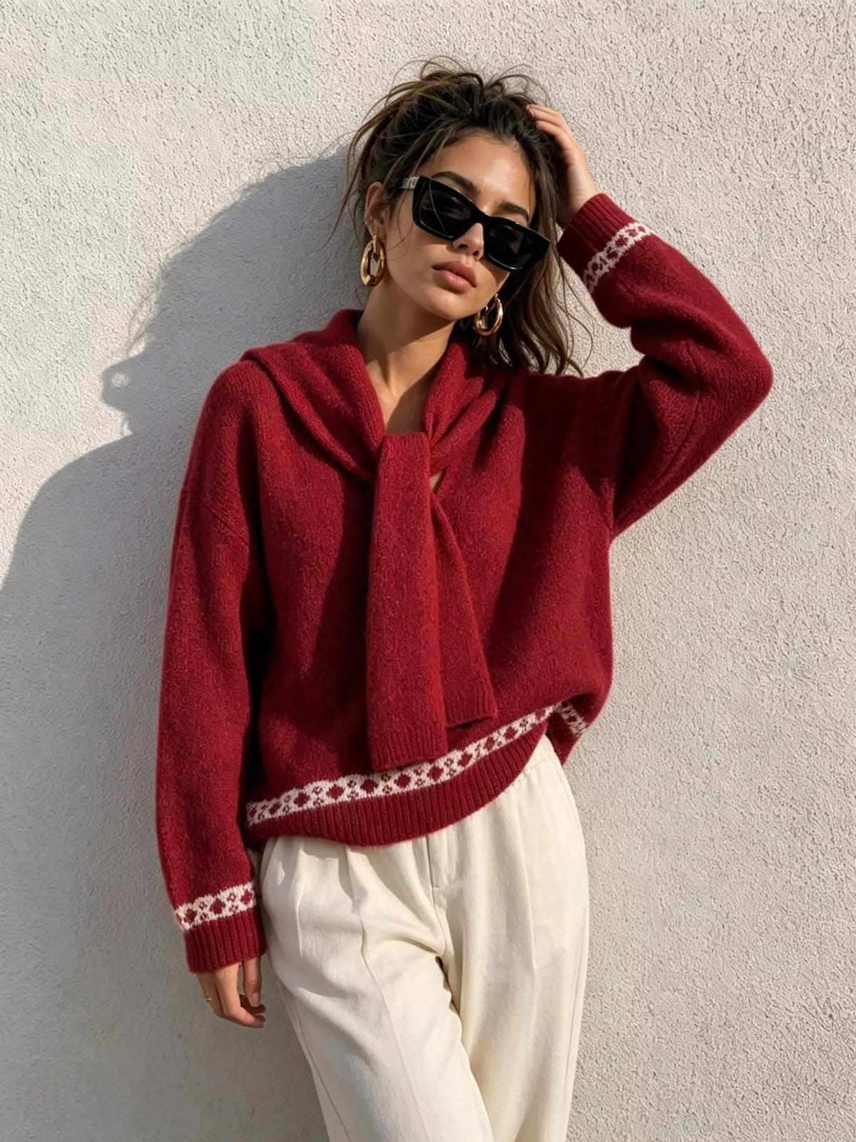 Scarf Detail Dropped Shoulder Sweater
