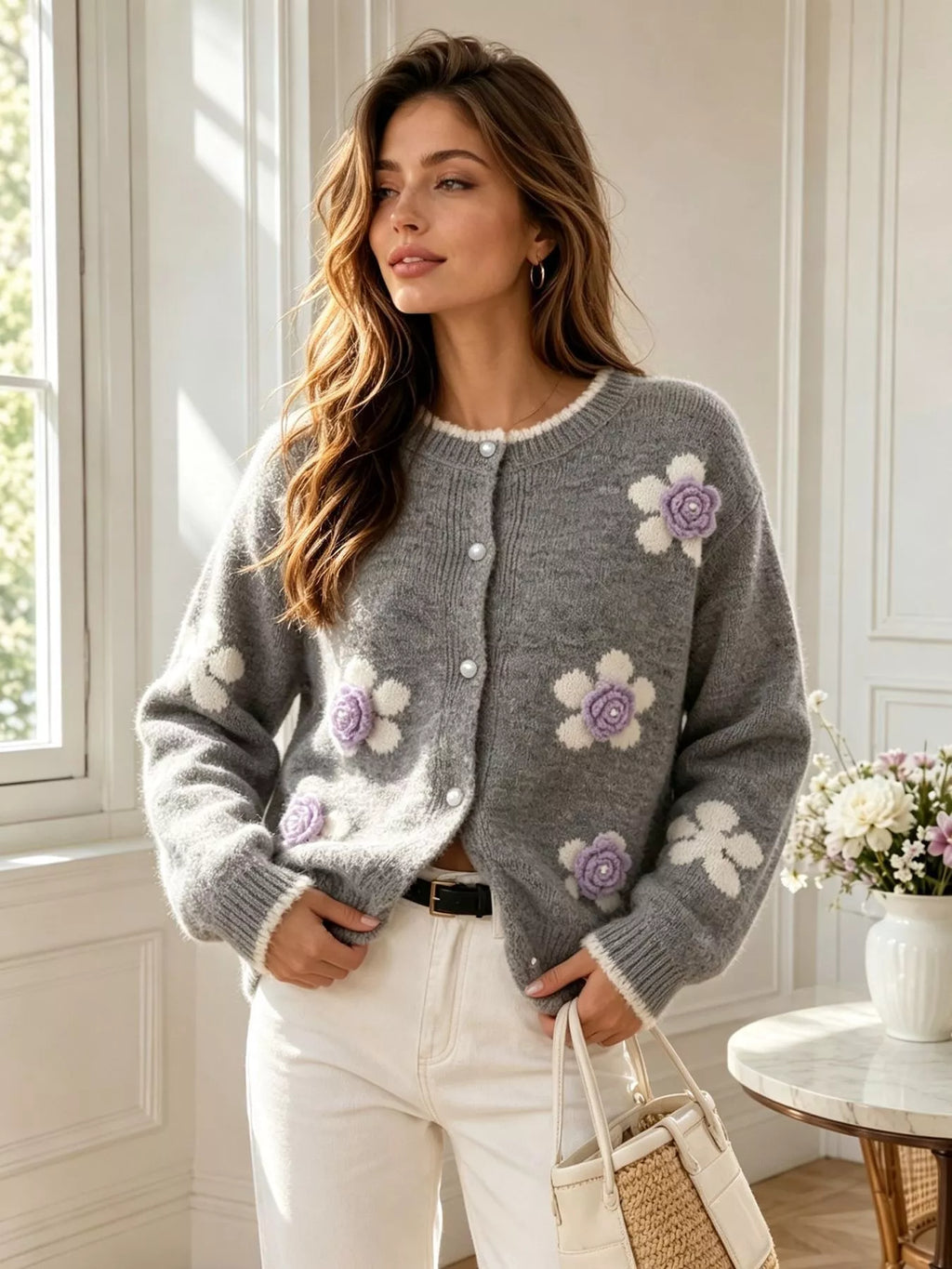 Floral Applique Button-Down Knit Cardigan