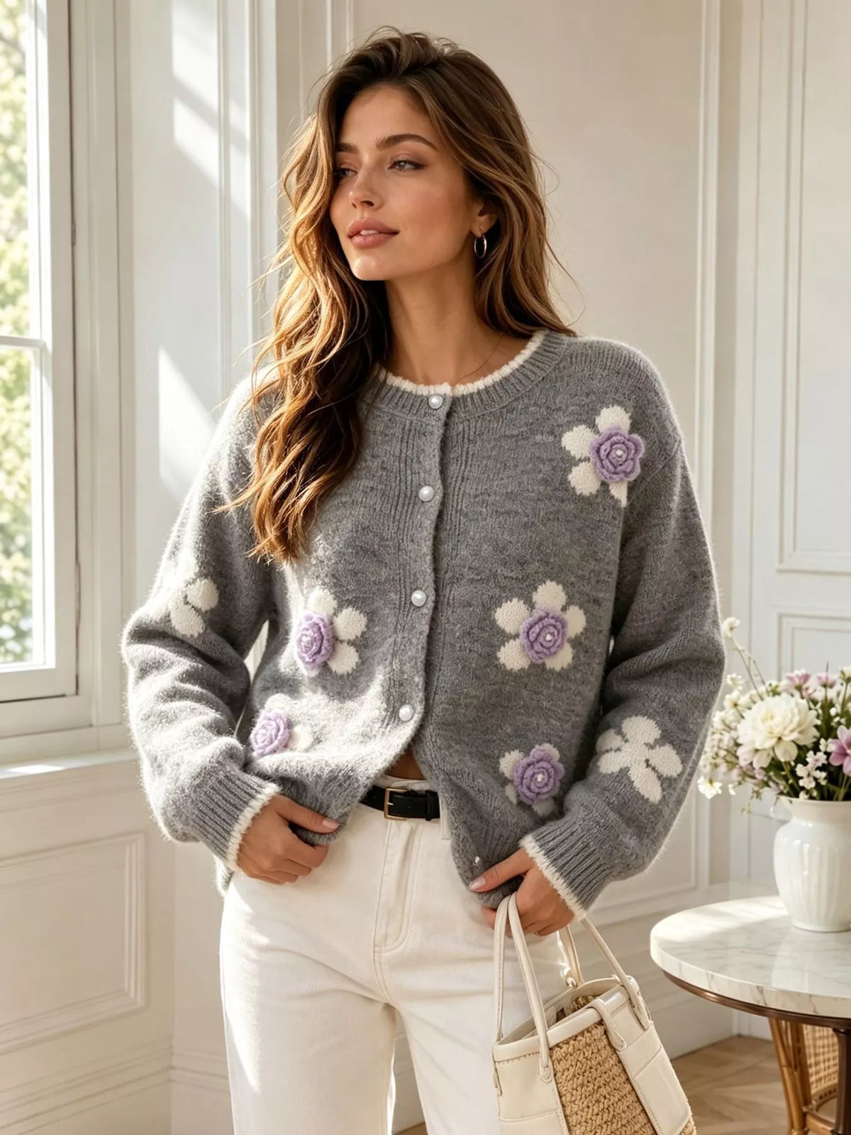 Floral Applique Button-Down Knit Cardigan