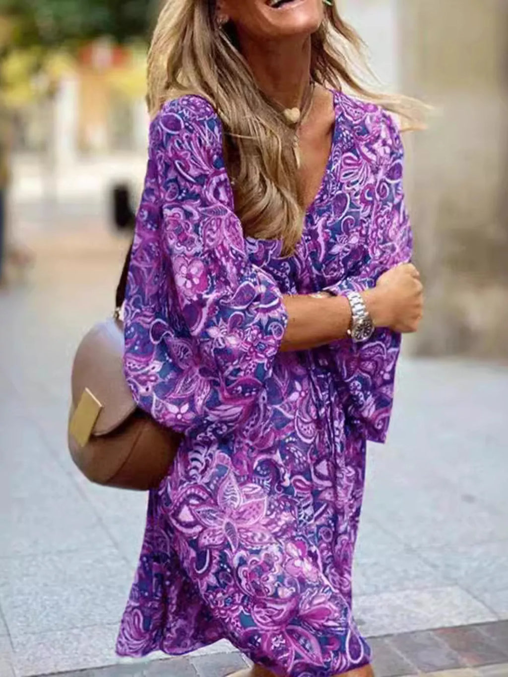 Full Size Paisley Print Long Sleeve Mini Dress Plus Size