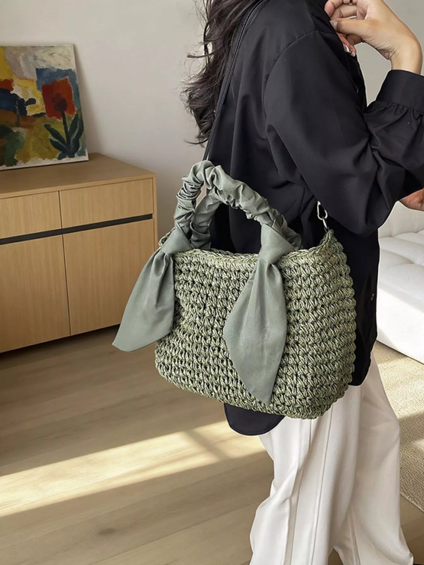 Woven Ruched Handle Crossbody Bag