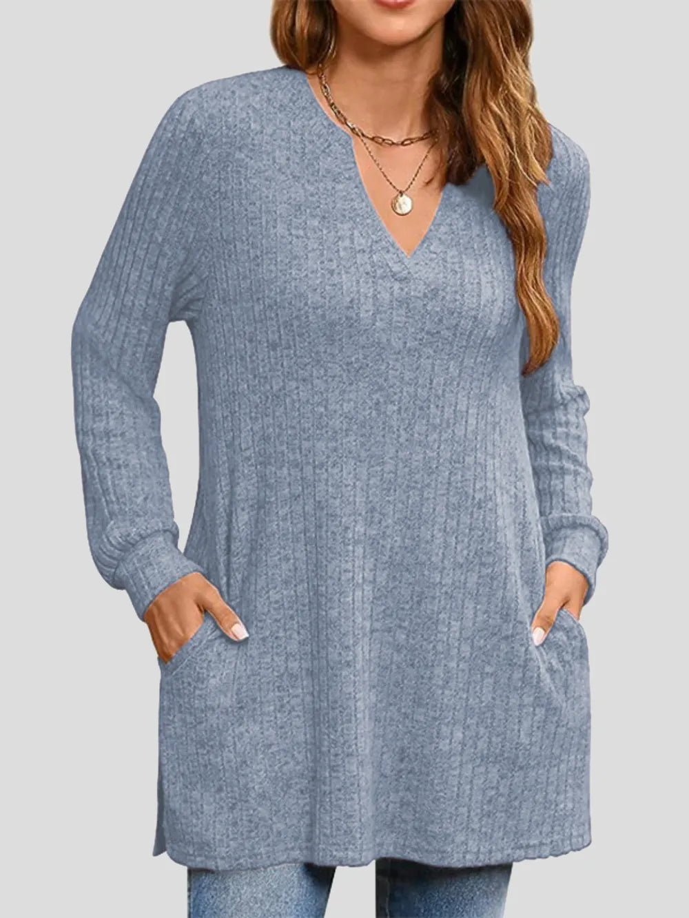 Ribbed Notched Long Sleeve T-Shirt