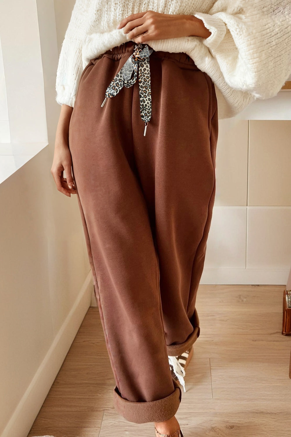 Dearlovers Coffee Fleece Lined Leopard Drawstring Elastic Waist Solid Pants