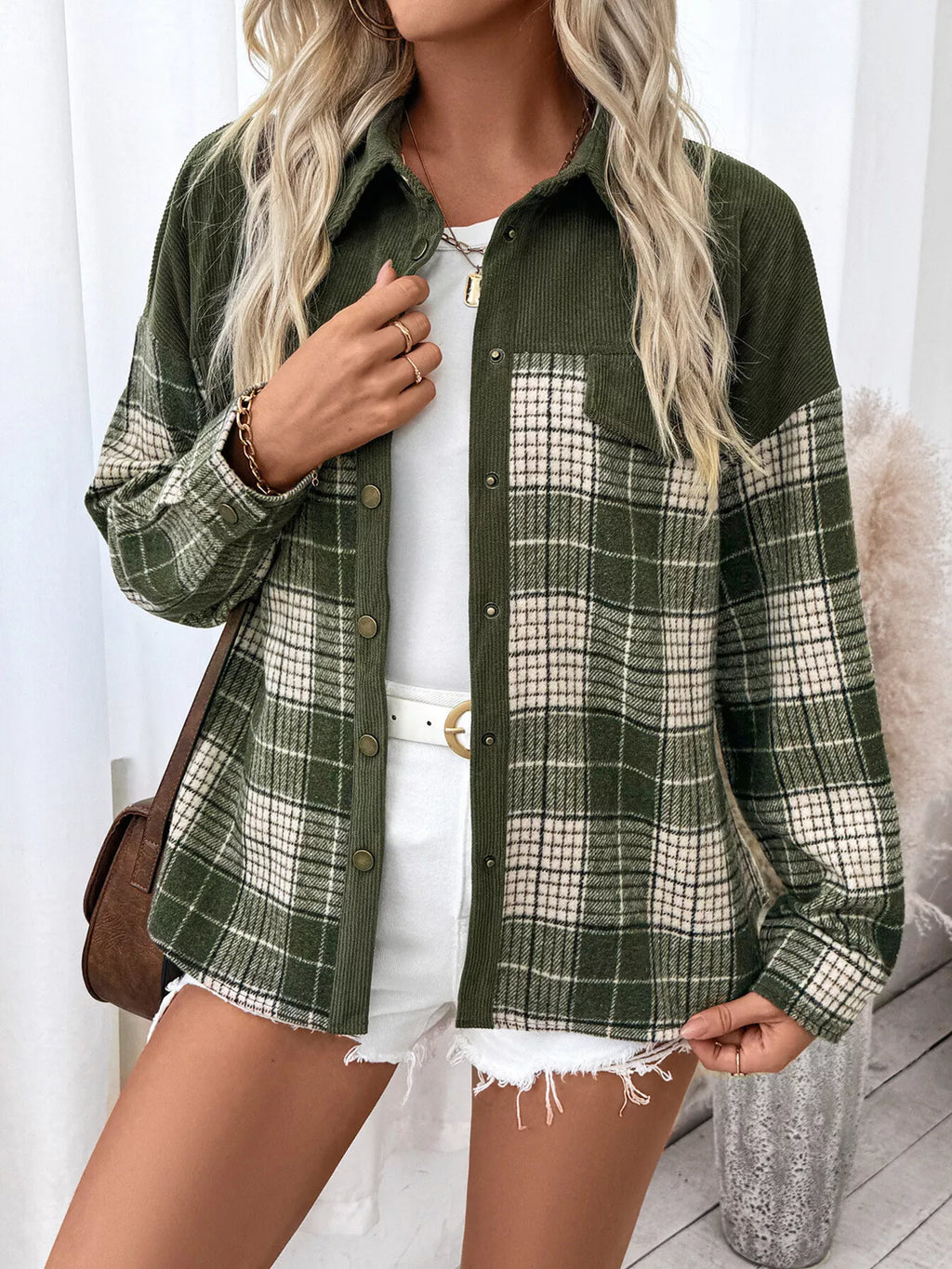 Plaid Button-Up Long Sleeve Shacket with Chest Pockets