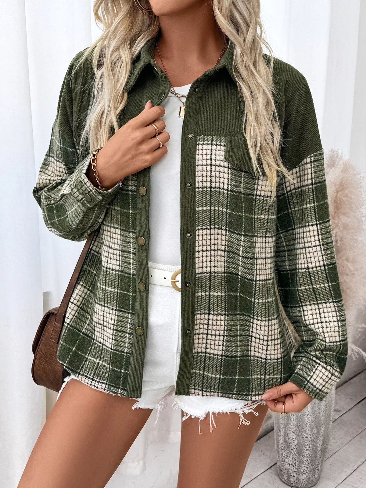 Plaid Button-Up Long Sleeve Shacket with Chest Pockets