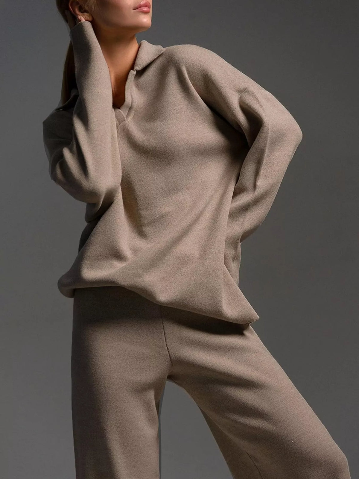 Polo Collar Top and Wide-Leg Pants Set