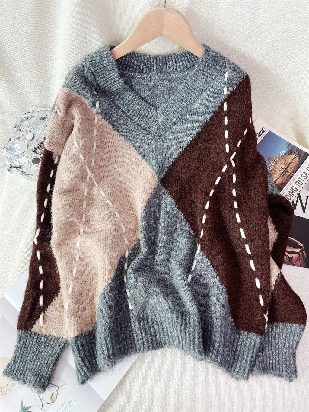 Argyle Pattern V-Neck Oversized Sweater