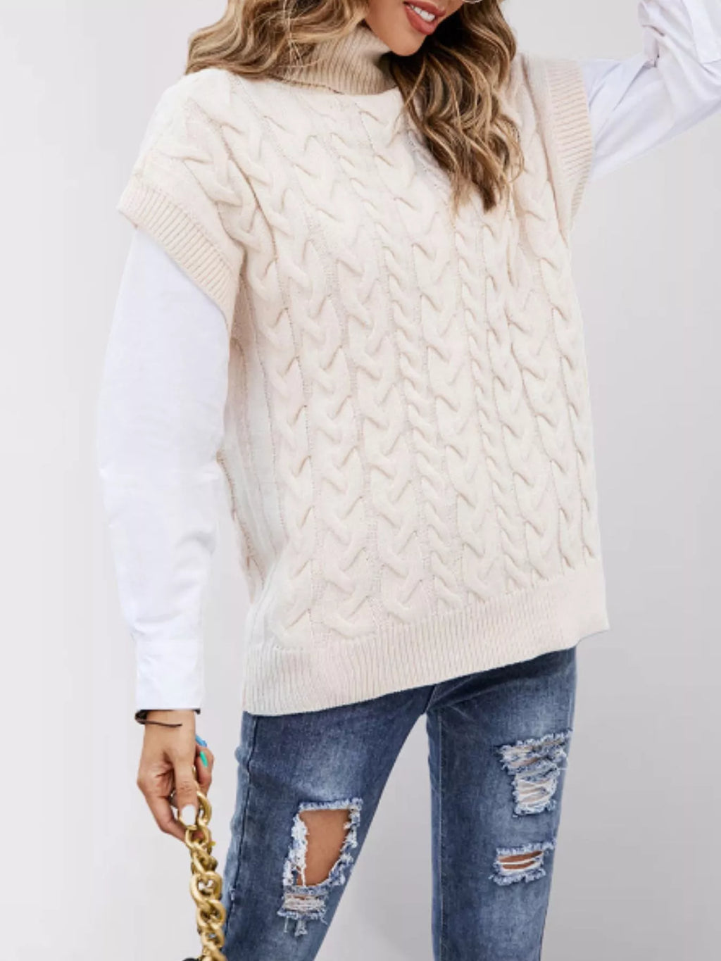 Chunky Knit Turtleneck Cap Sleeve Sweater