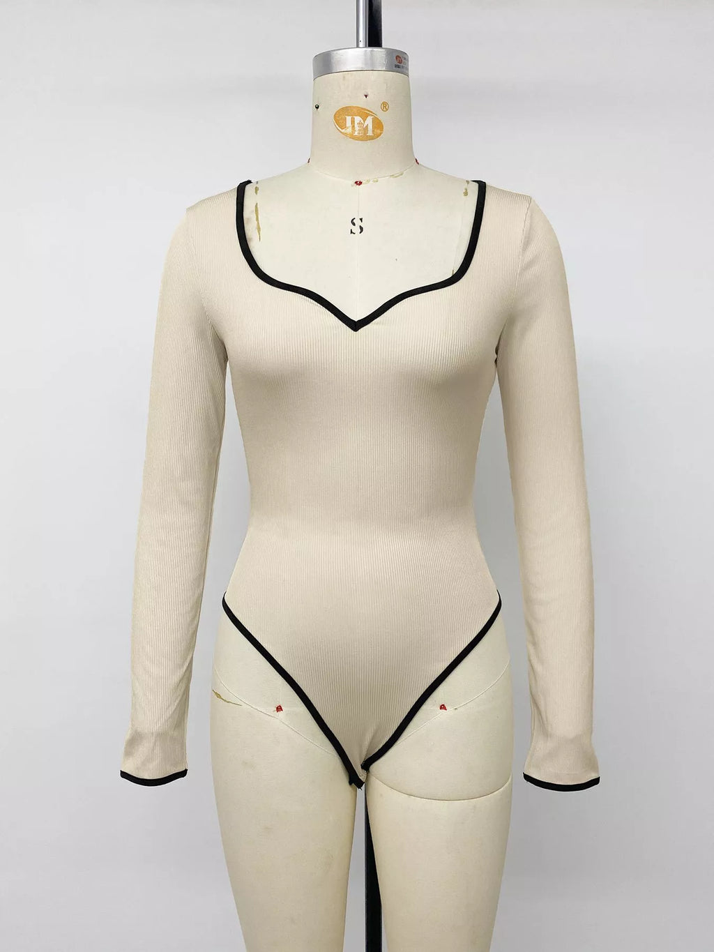 Ribbed Sweetheart Neckline Contrast Trim Long Sleeve Bodysuit