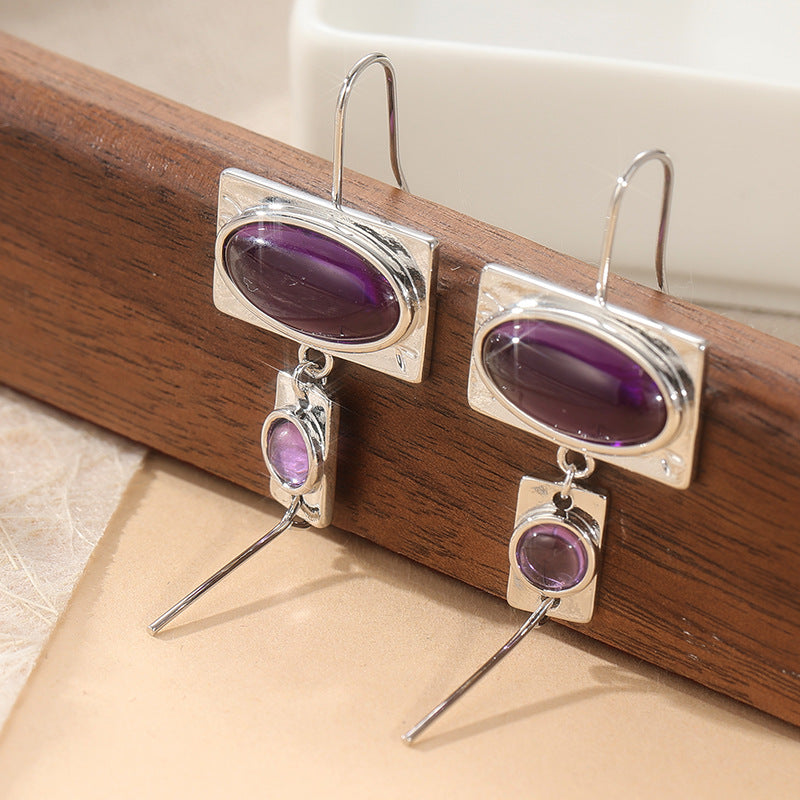 Vintage Purple Oval Stone Geometric Drop Earrings Silver Tone Brass Women Boho Daily Fashion Jewelry