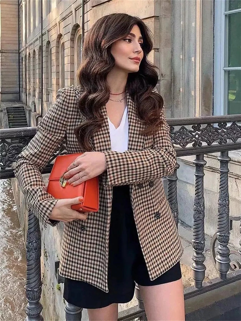 Plaid Double-Breasted Lapel Collar Blazer