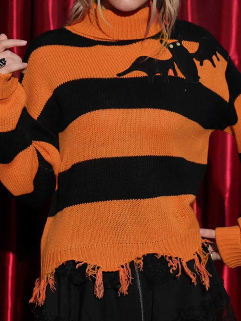 Halloween Bat Graphic Striped Turtleneck Raw Hem Sweater