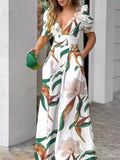 Floral Print V-Neck Puff Sleeve Wide-Leg Jumpsuit