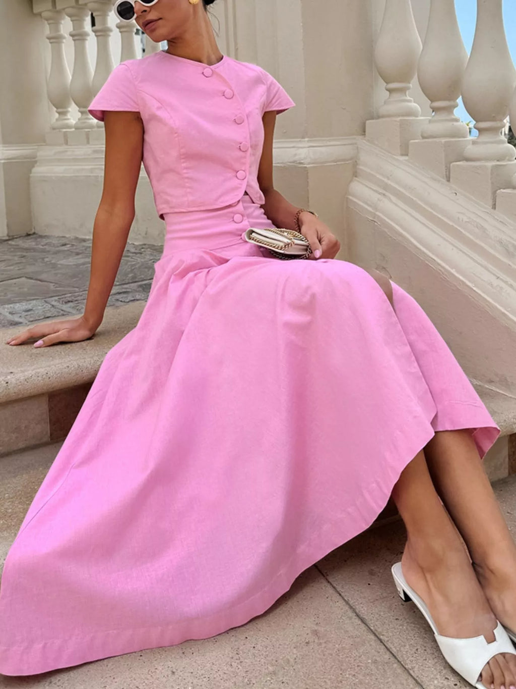 Cap Sleeve Button-Down Crop Top and Midi Skirt Set