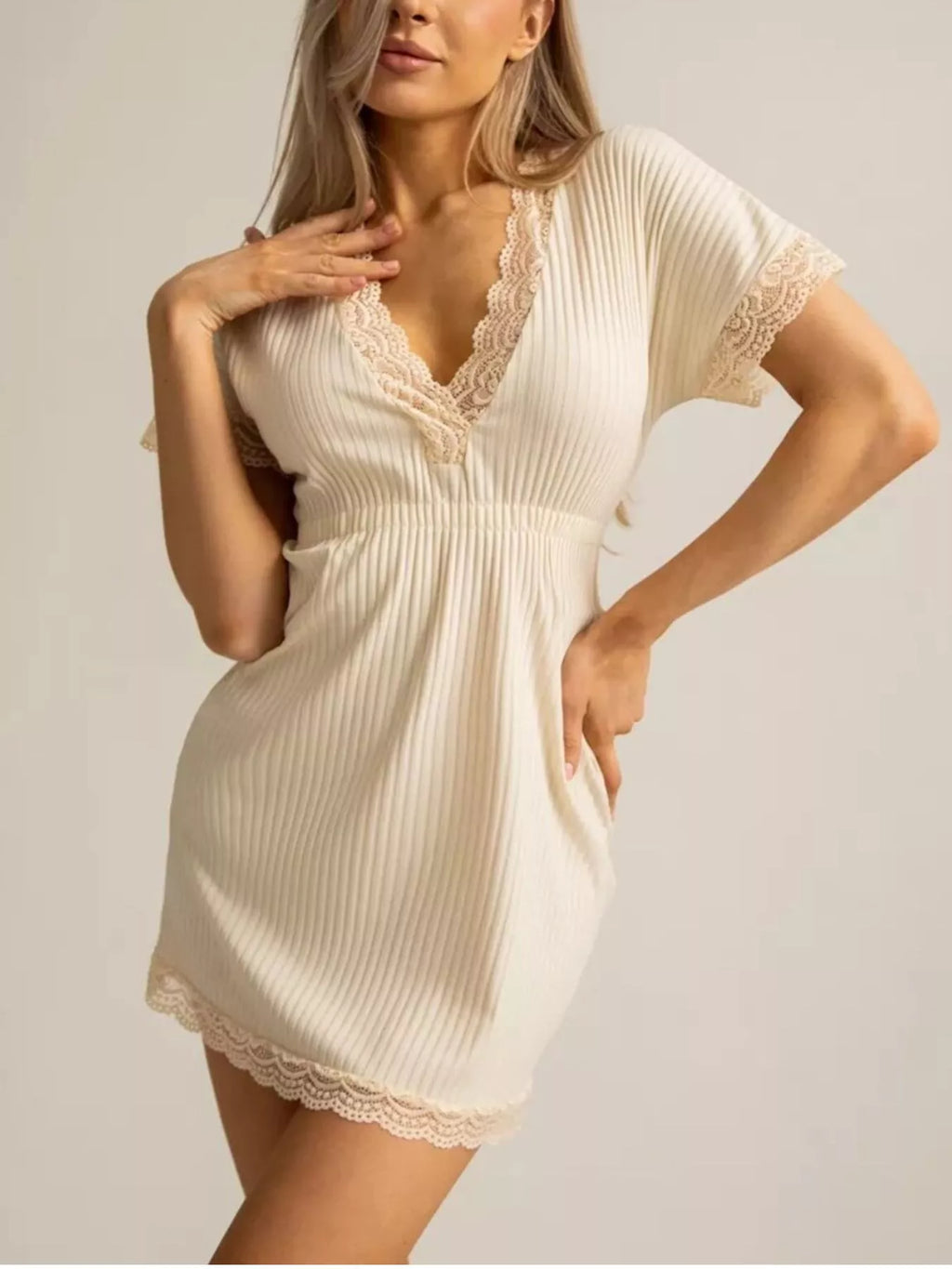 Full Size Ribbed Lace-Trim V-Neck Mini Dress Plus Size