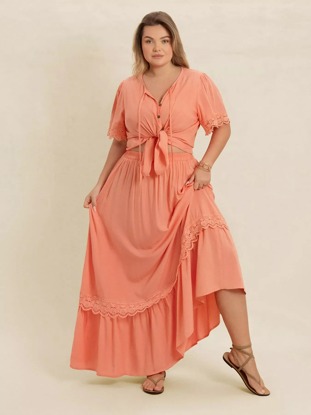 Lace Detail Tie Neck Top and Skirt Set