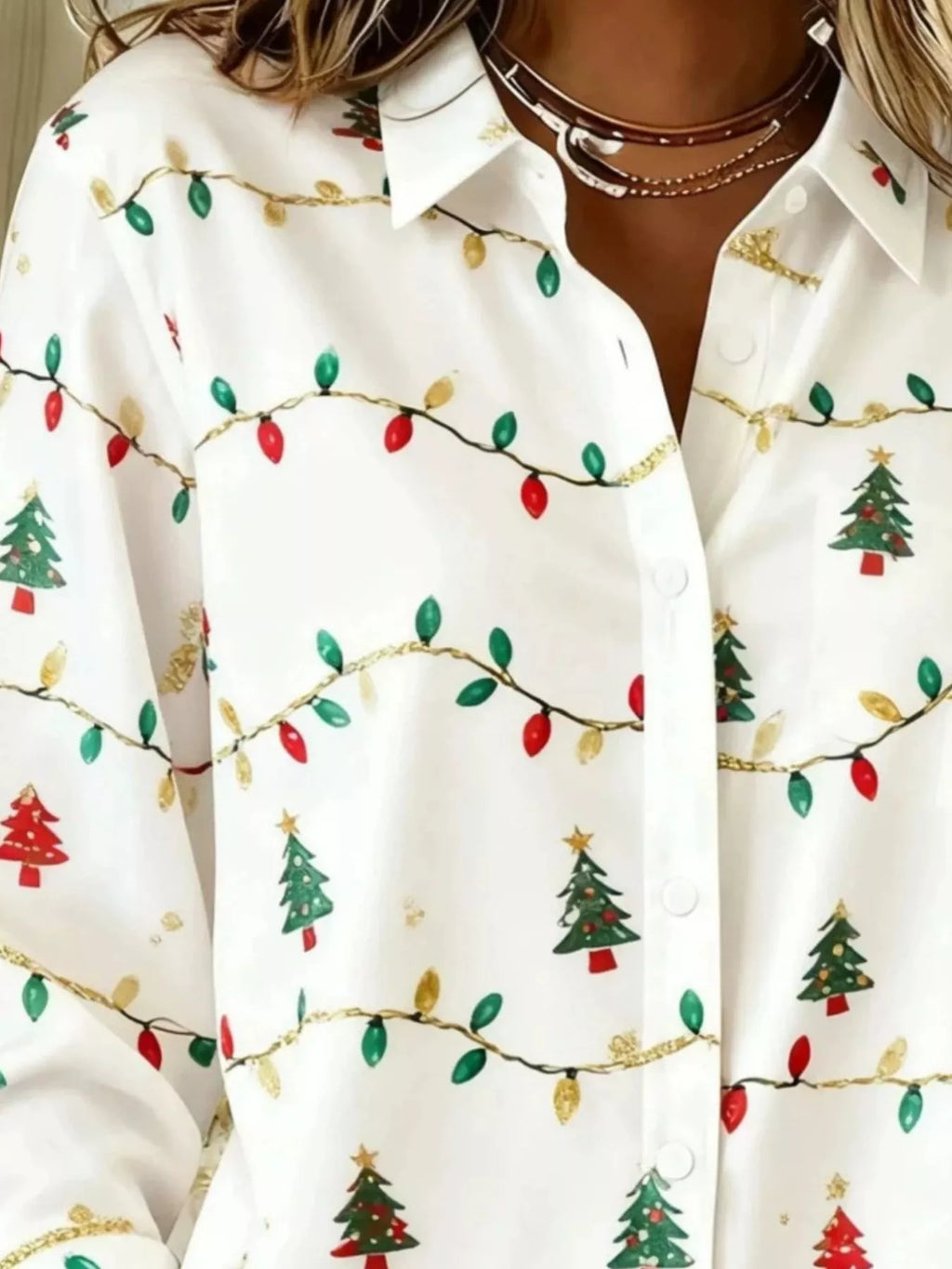 Full Size Christmas Tree Print Long Sleeve Button-Down Shirt Plus Size