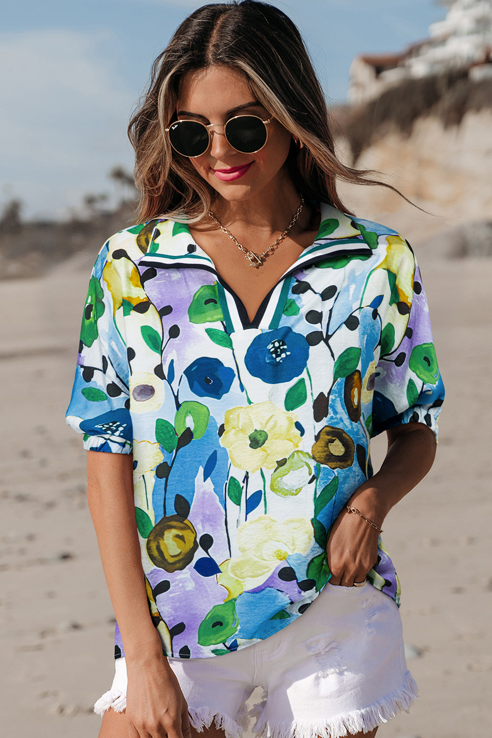 Floral Slit V-Neck Short Sleeve Blouse