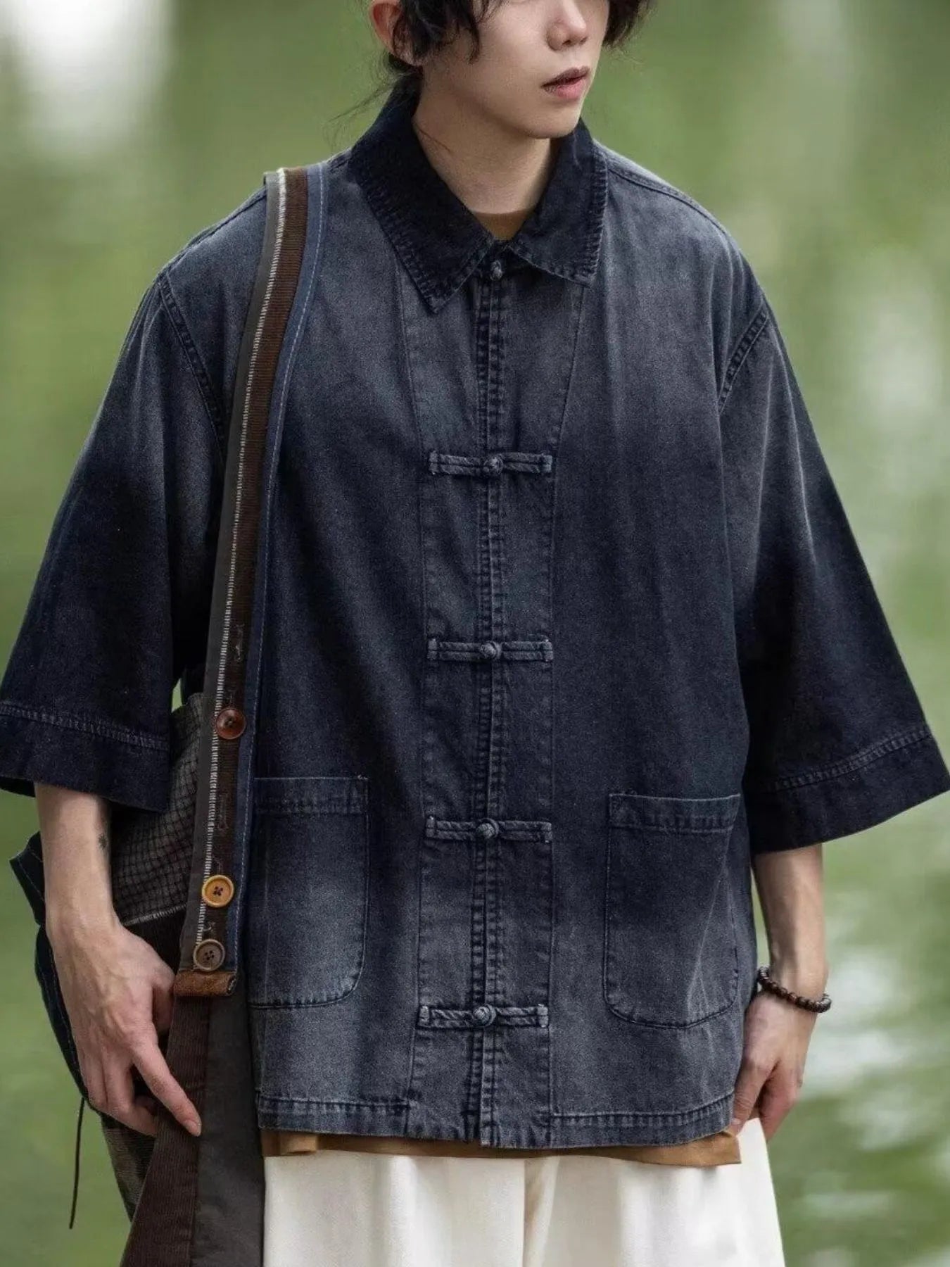 Men's Full Size Oversized 3/4 Sleeve Denim Shirt Plus Size