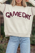 Beige Drop Shoulder Game Day Letter Print Pullover Sweater
