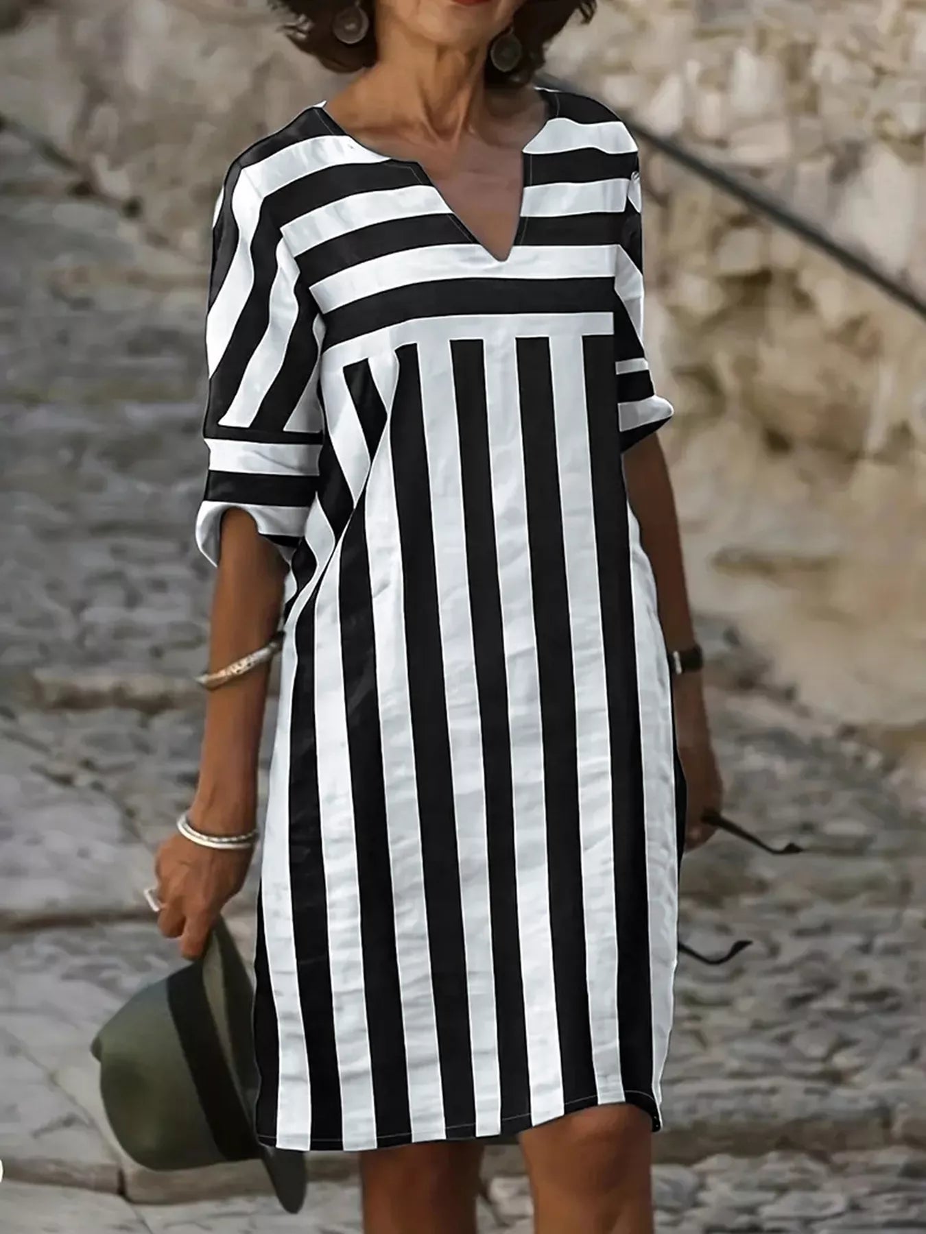 Striped Notched Casual Mini Dress
