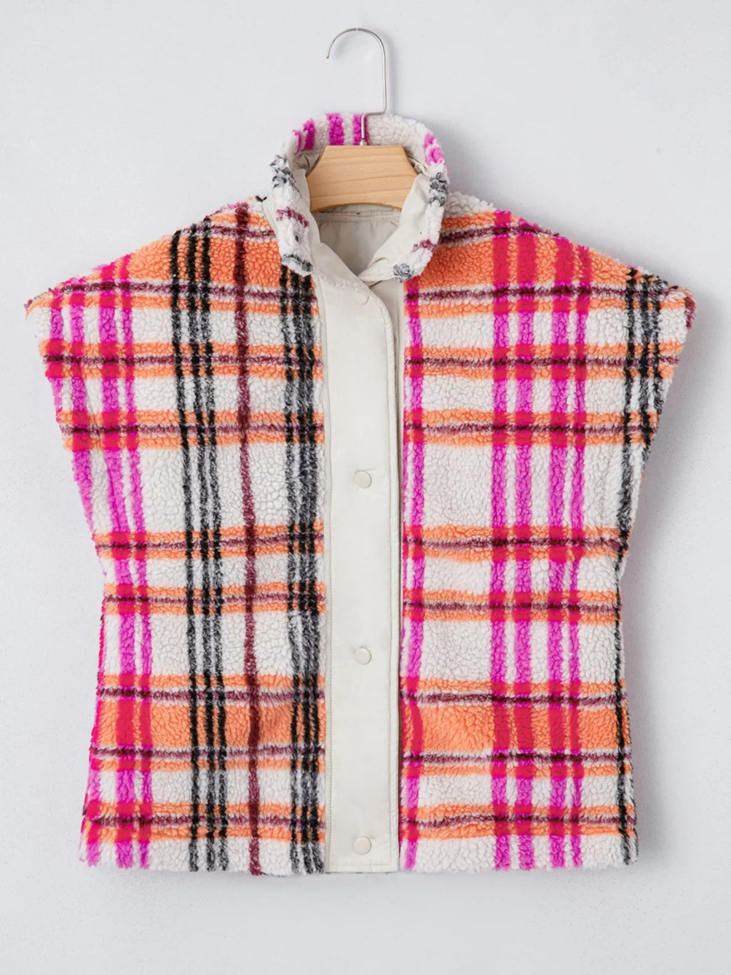 Sherpa Plaid Snap-Front Vest Coat