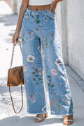 Sky Blue Retro Floral Print Frayed Hem Shift Jeans