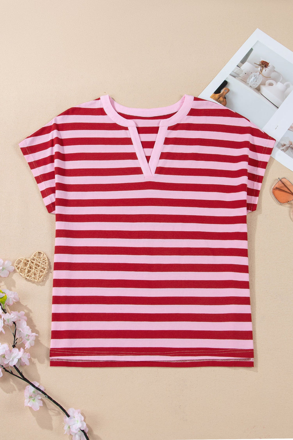 Stripe Split V-Neck Short Sleeve T-Shirt