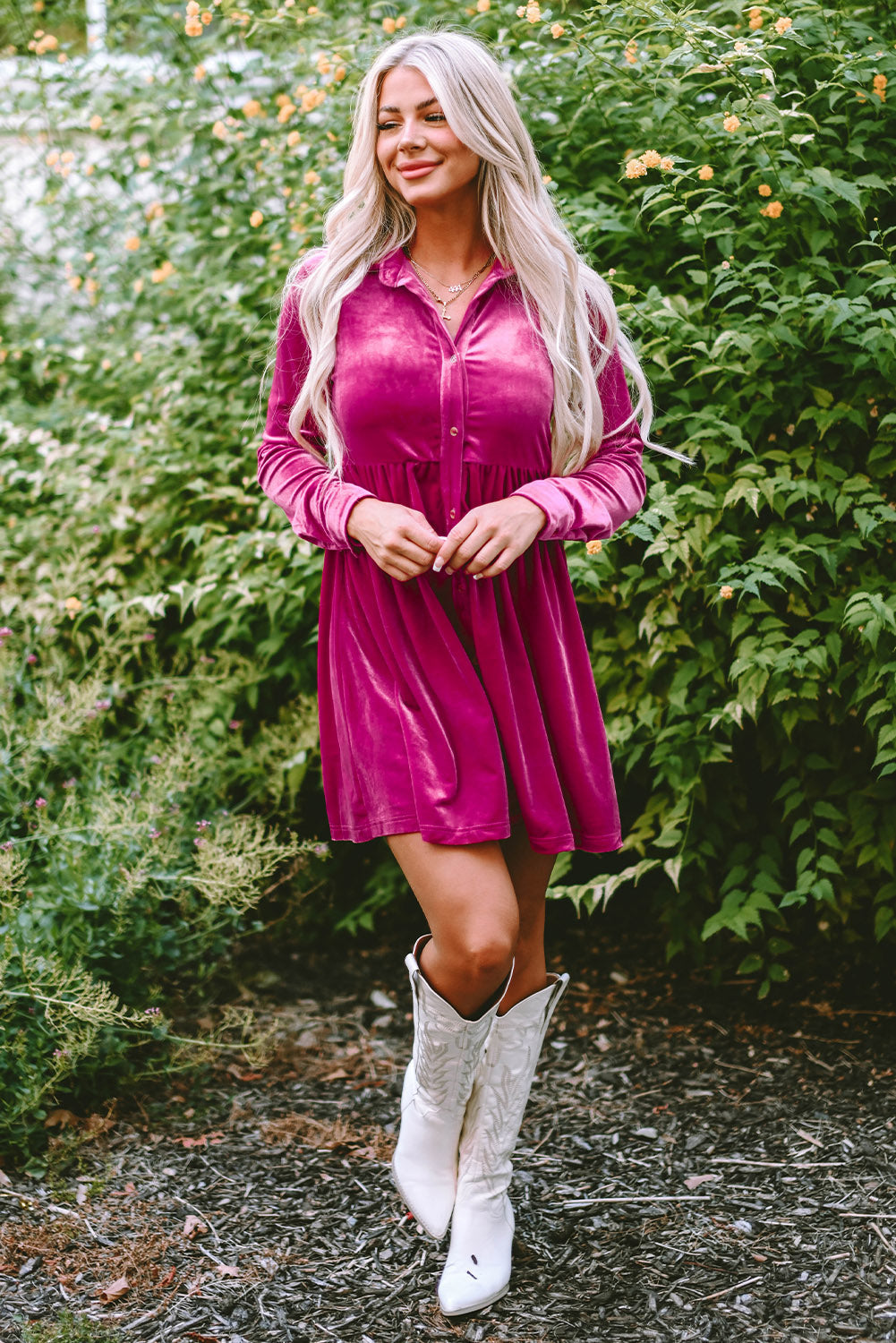 Velvet Ruffle Buttoned Long Sleeve Dress