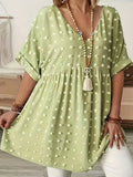 Plus Size Swiss Dot V-Neck Casual Blouse