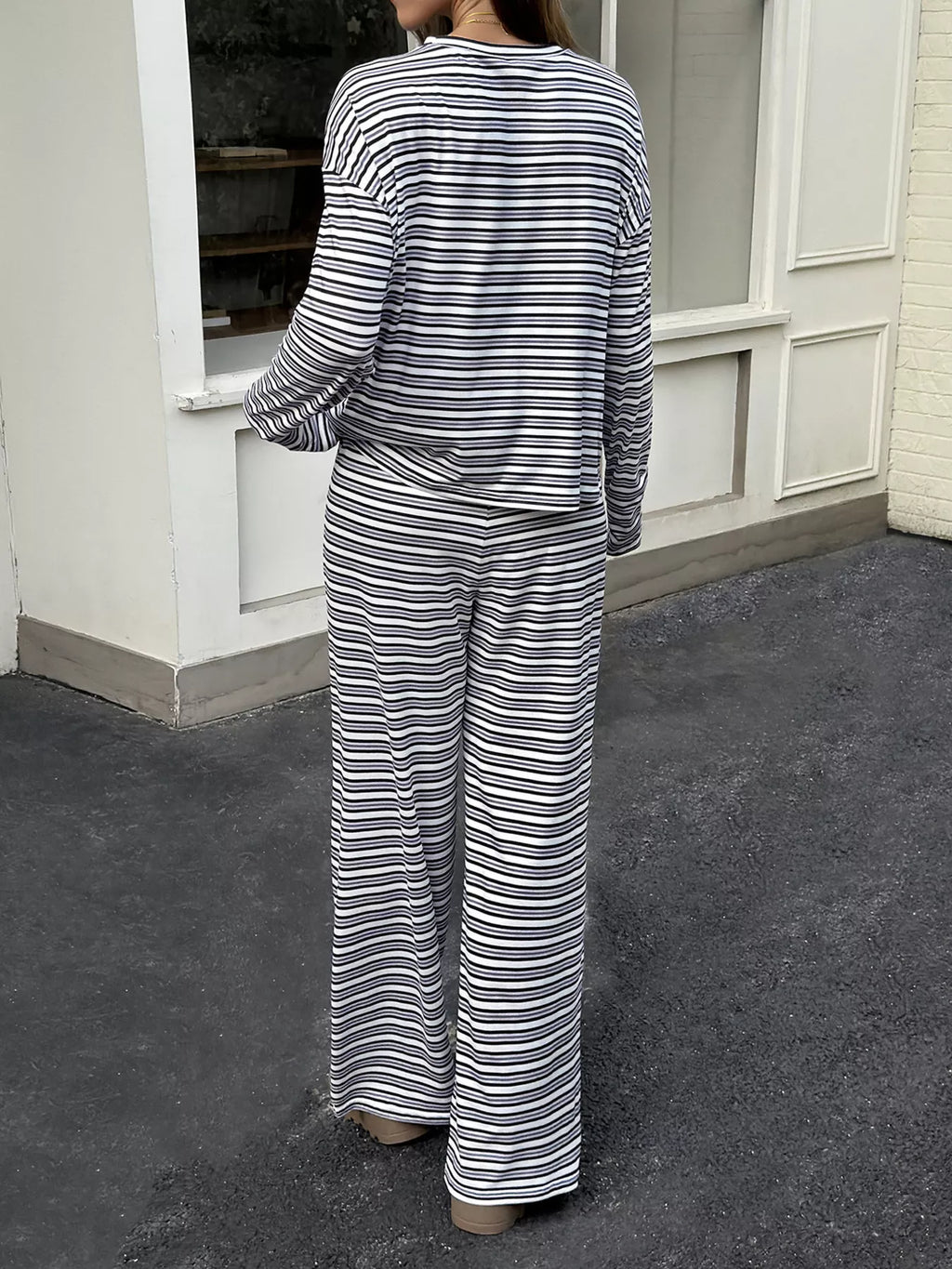 Striped Casual Long Sleeve Top and Wide Leg Pants Set