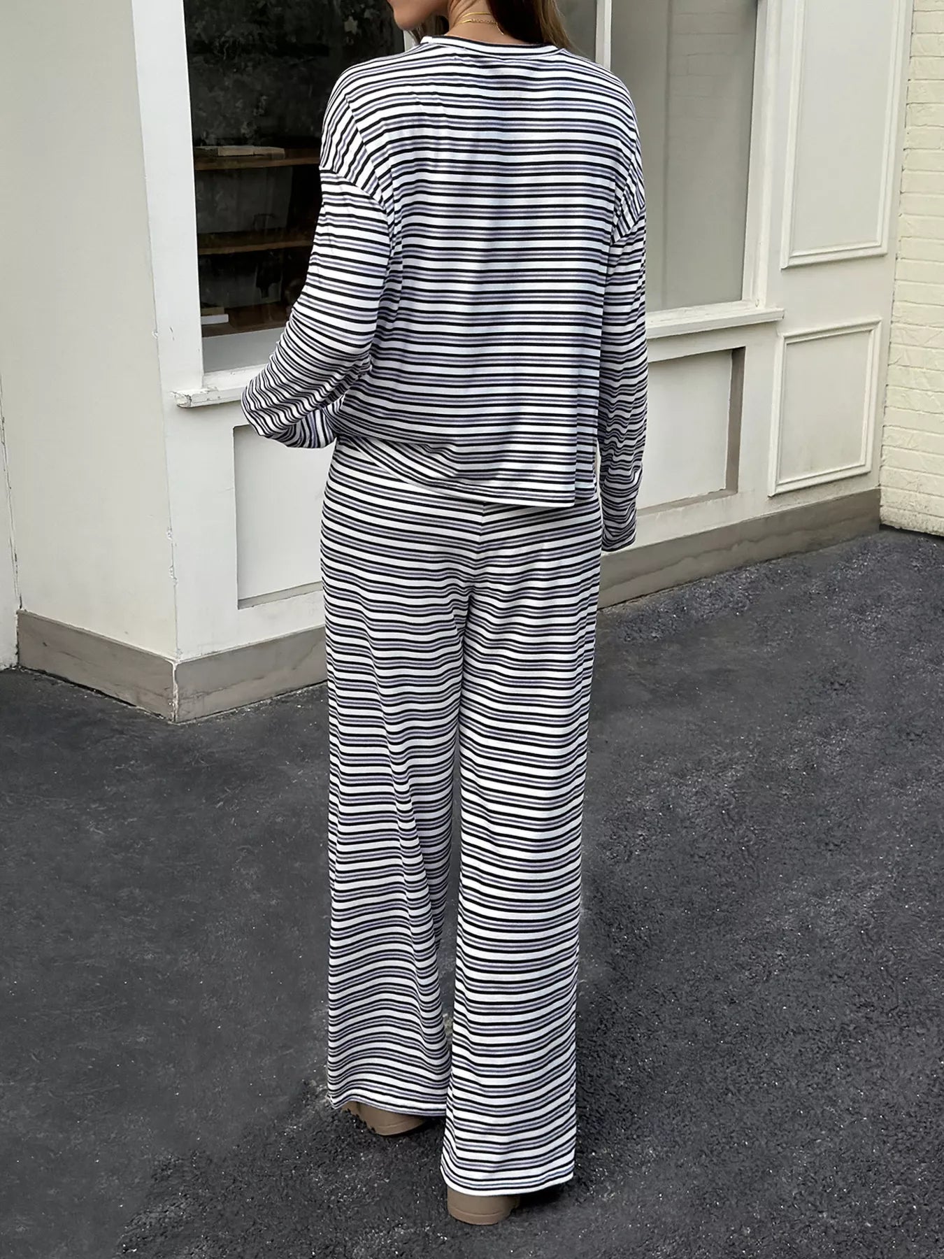 Striped Casual Long Sleeve Top and Wide Leg Pants Set
