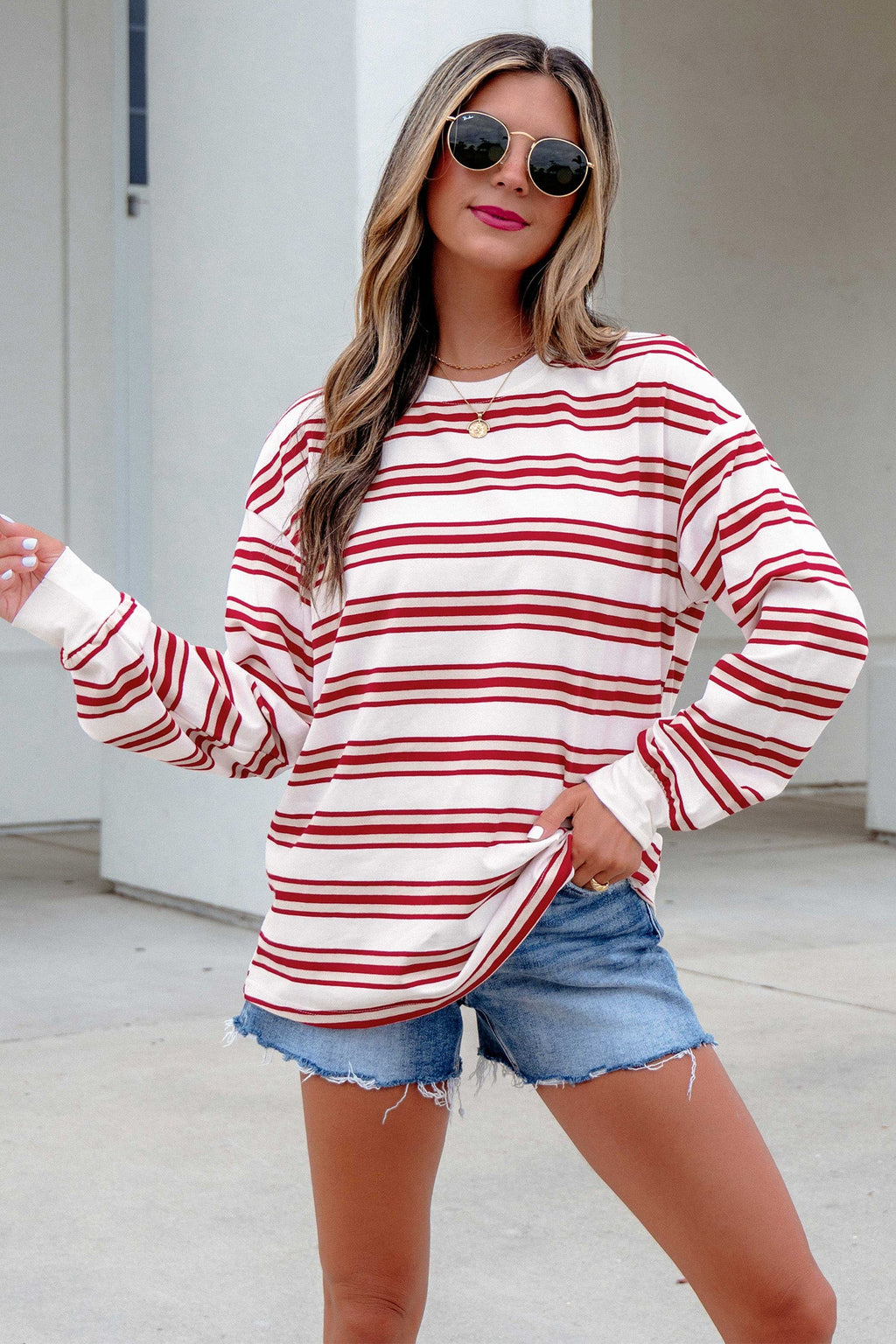 Red Stripe Dropped Shoulder Long Sleeve Casual Pullover Top
