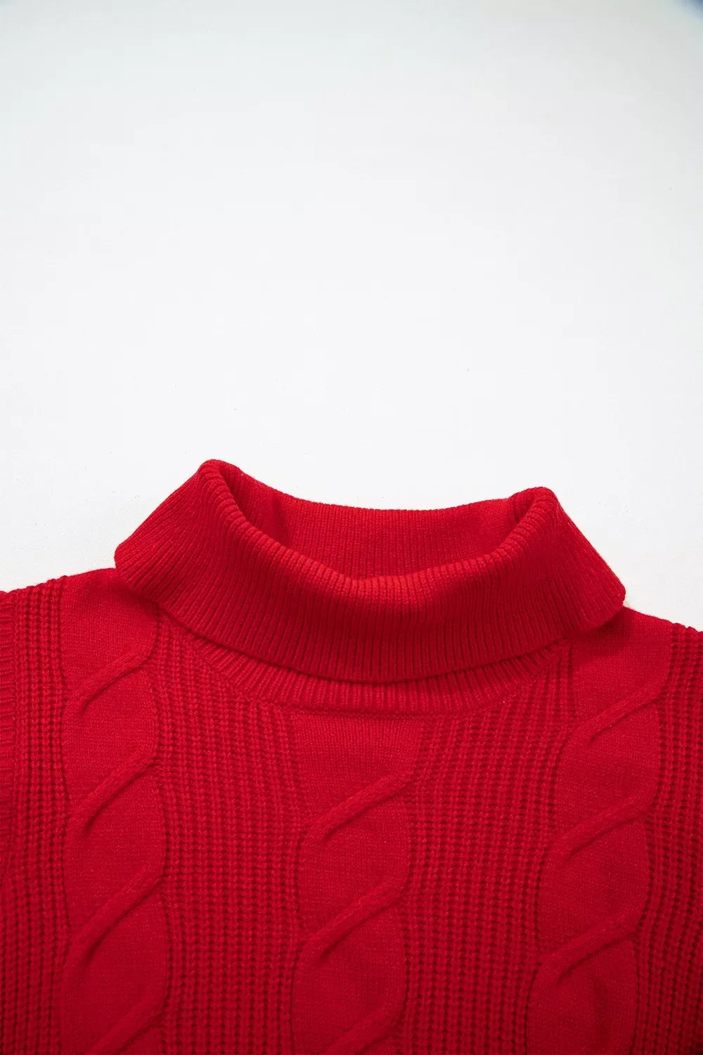 Cable Knit Turtleneck Ruffled Short Sleeve Sweater