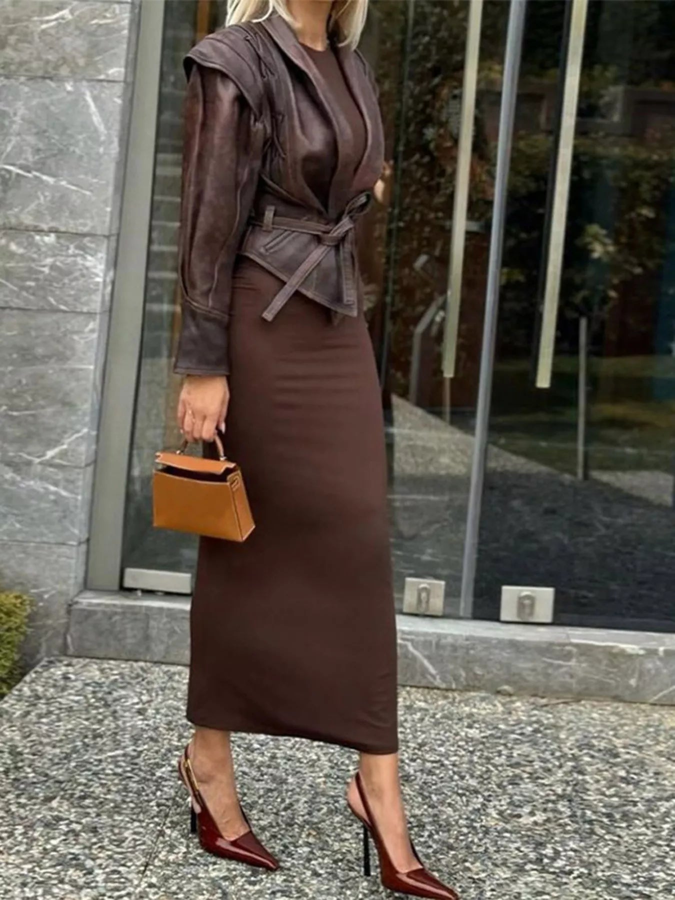 Belted Leather Jacket with Shawl Collar