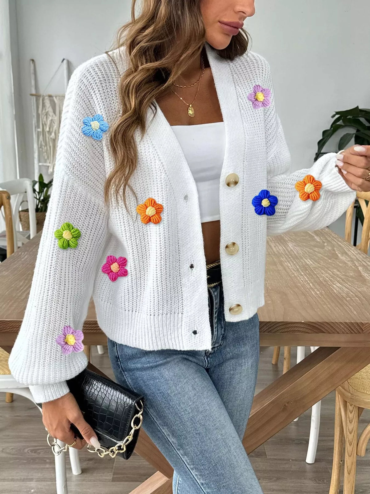 3D Floral Appliques Button Up Cardigan