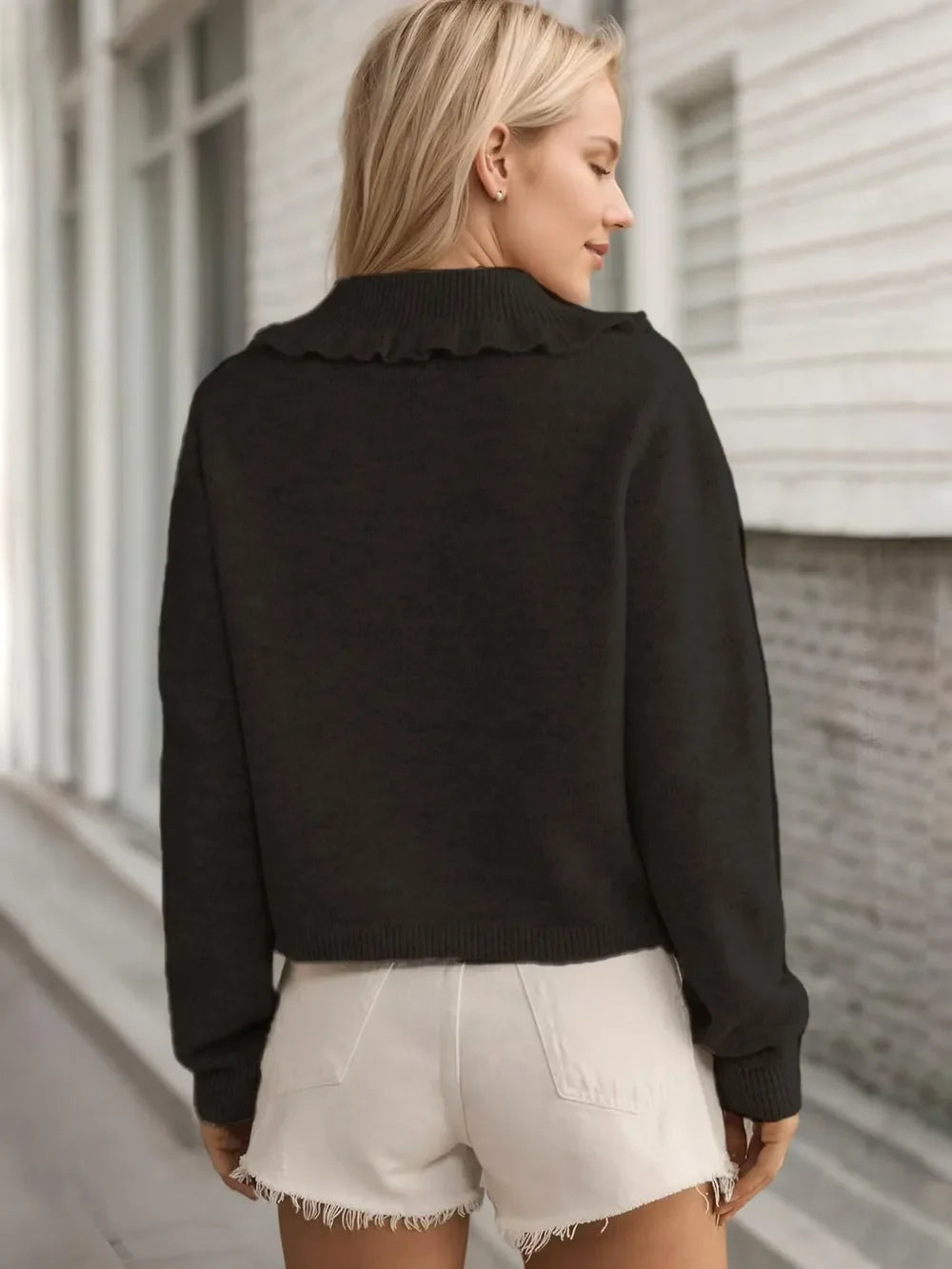 Button Up Long Sleeve Cardigan with Peter Pan Collar