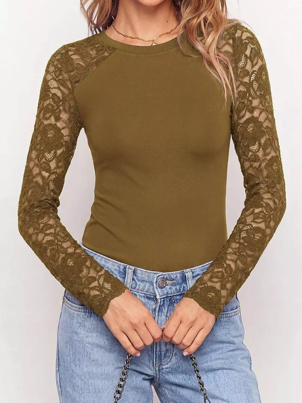 Lace Long Sleeve Round Neck T-Shirt