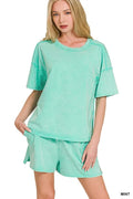 Mint Acid Washed Short Sleeve Tee and Drawstring Shorts Set