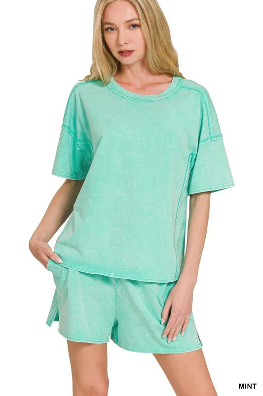 Mint Acid Washed Short Sleeve Tee and Drawstring Shorts Set