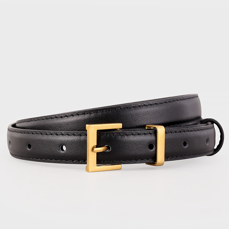 Leather Skinny Belt with Golden Buckle