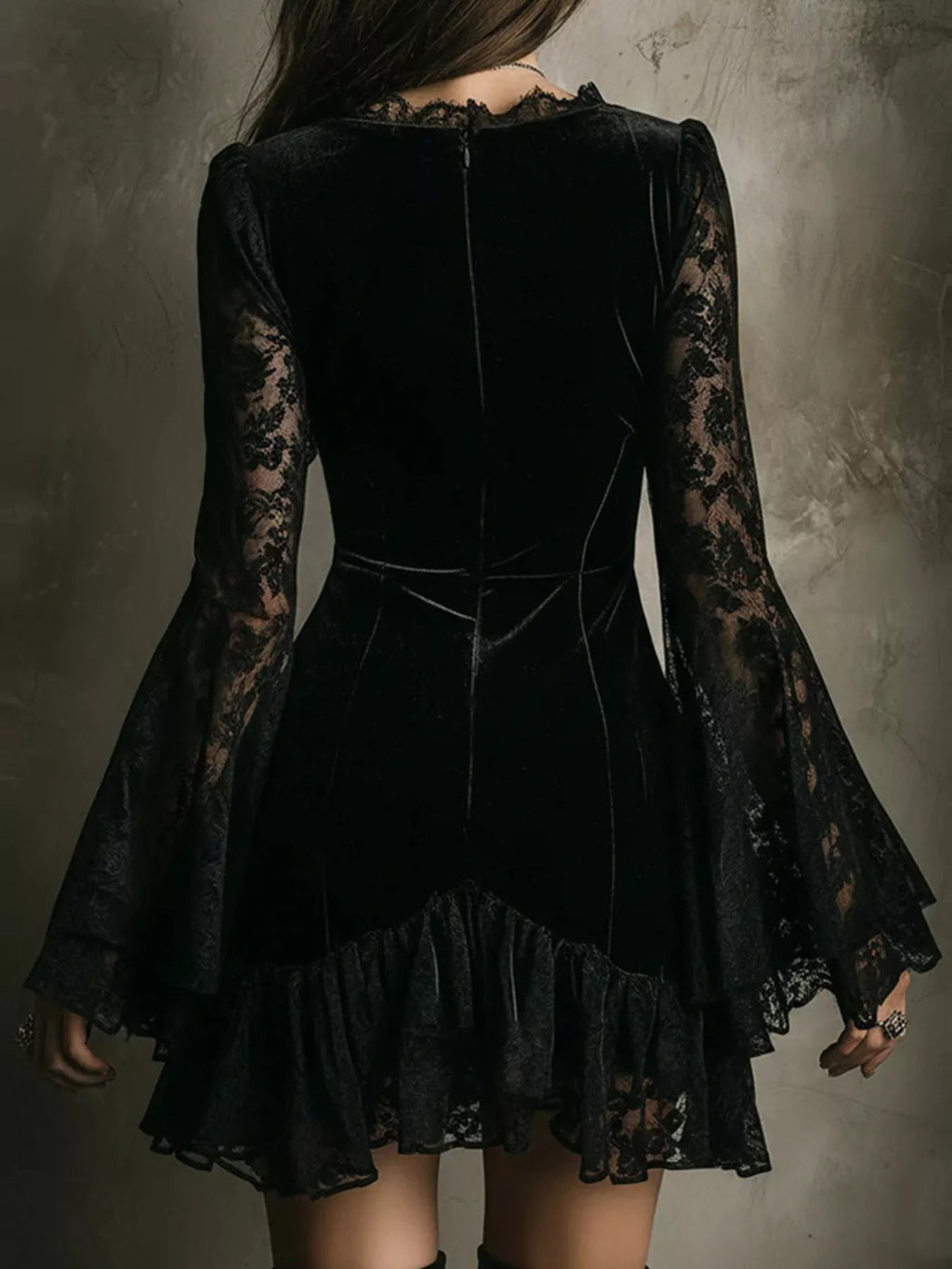 Velvet Lace Trim V-Neck Mini Dress