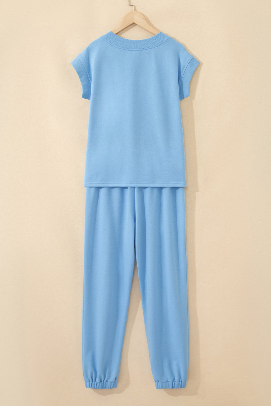 Beau Blue Solid Color V Neck Tee Drawstring Pant Set