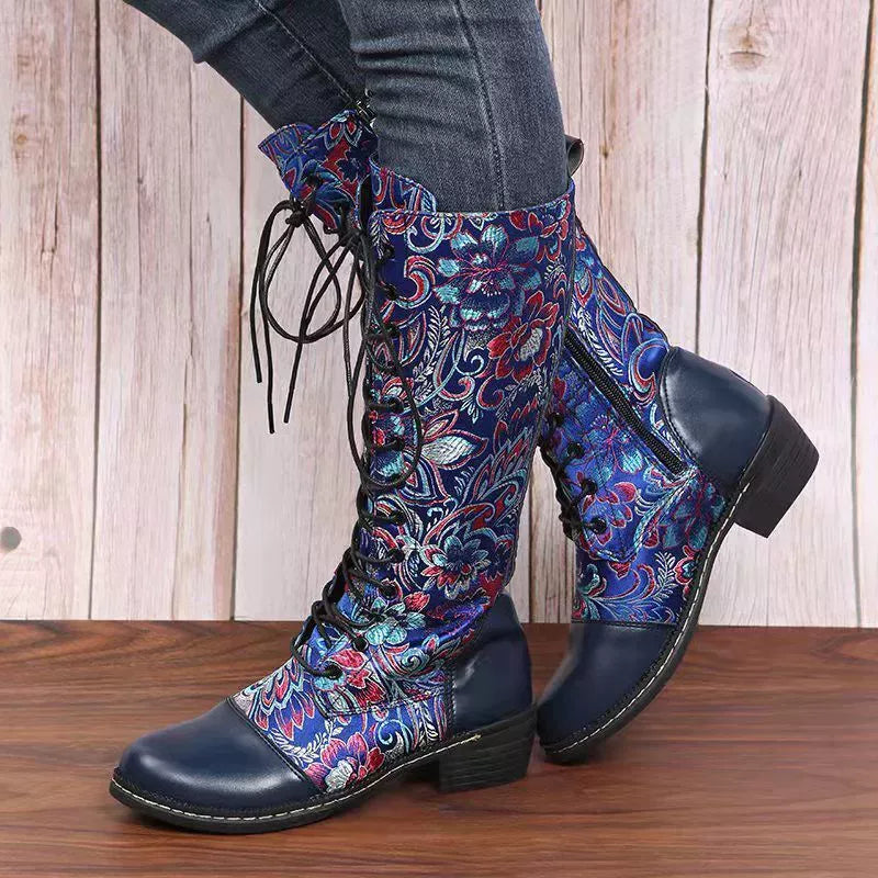 Embroidered Lace-Up Block Heel Boots