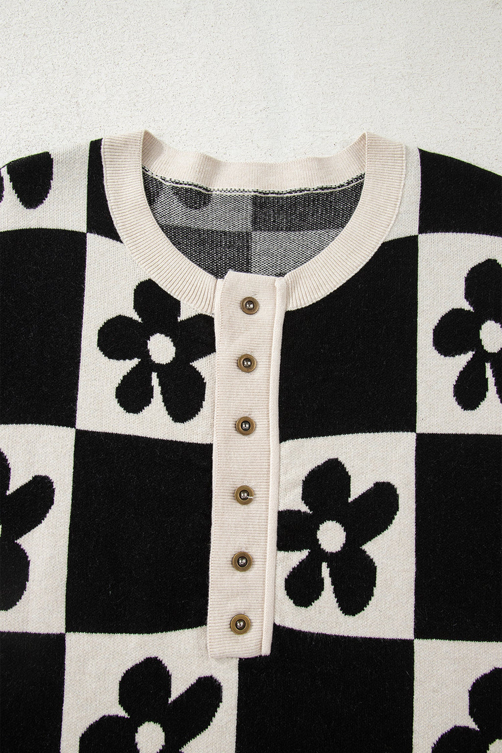 Flower Checker Henley Baggy Sweater
