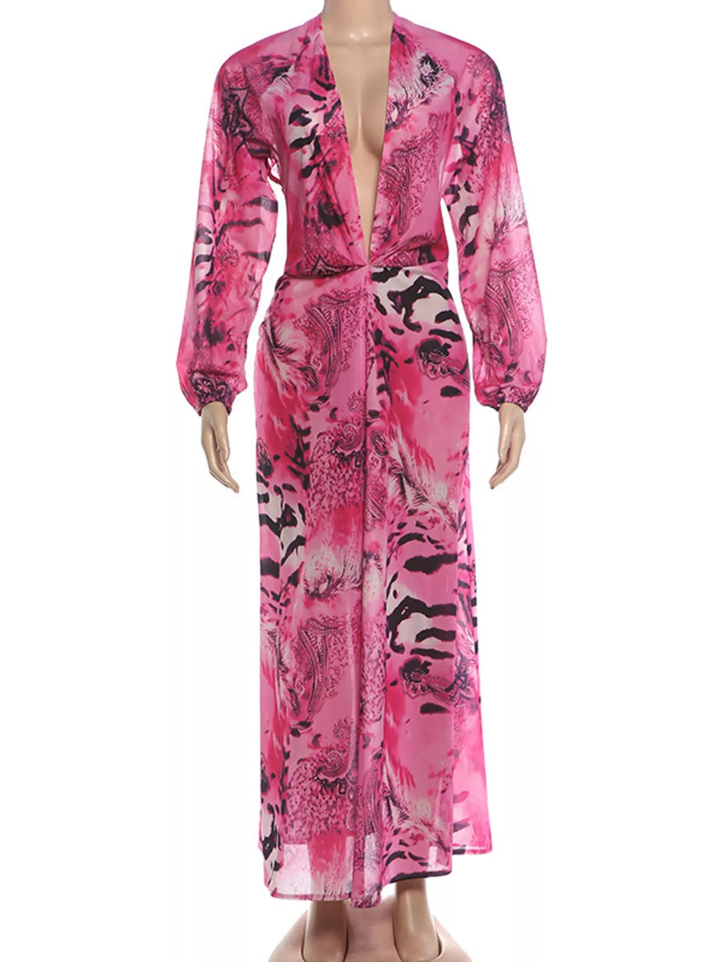 Deep V-Neck Long Sleeve Printed Maxi Dress