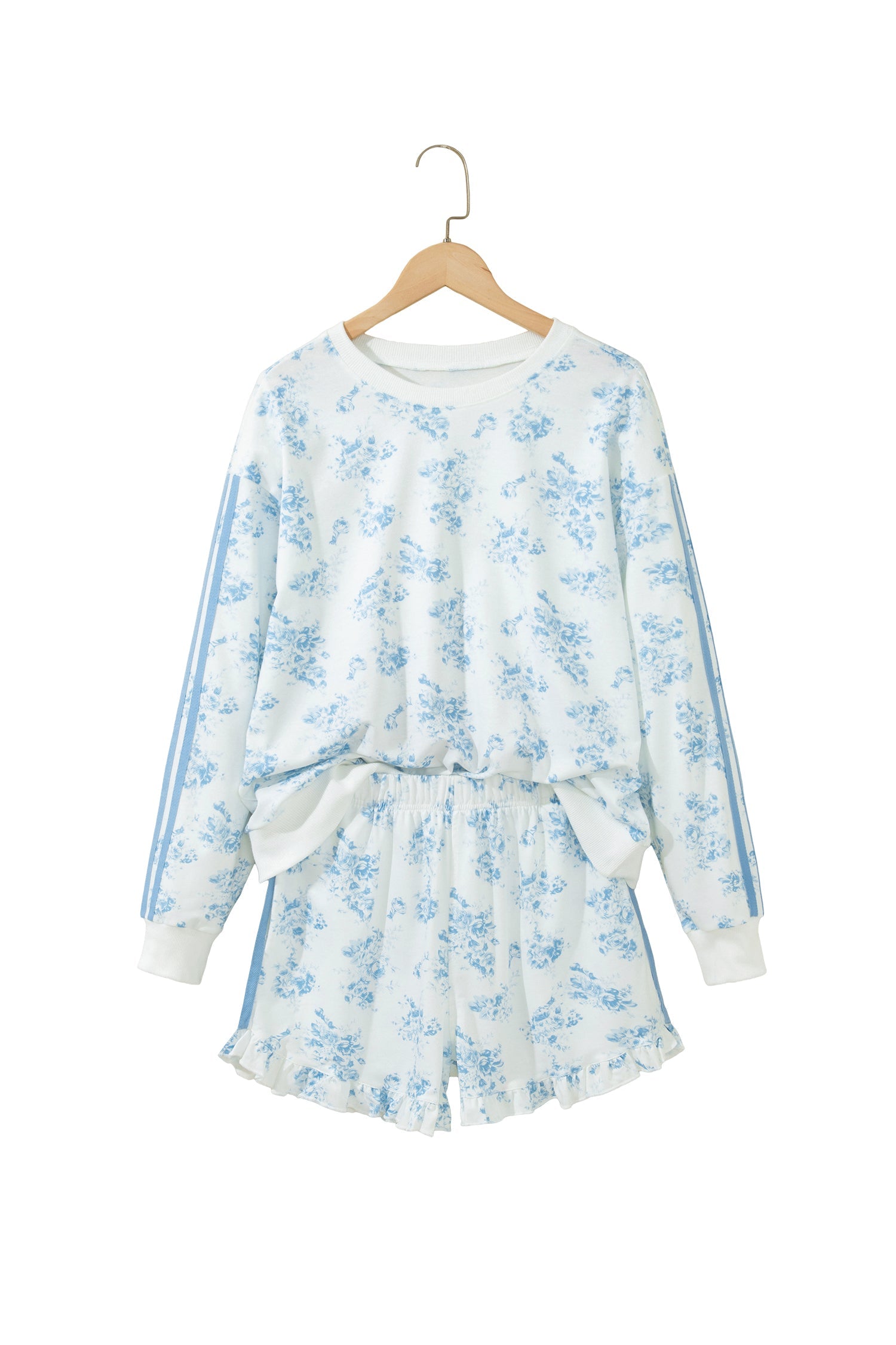 Sky Blue Floral Print Striped Detail Long Sleeve Top Ruffle Hem Shorts 2pcs Set